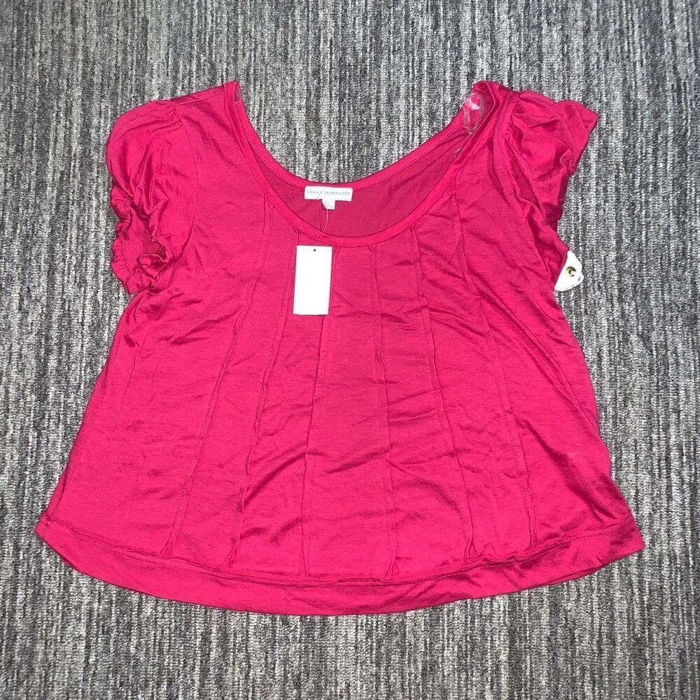 Coco + Jaimeson Womens Large Pullover Crop Top Pink Ruffle Puff Short Sleeves NW